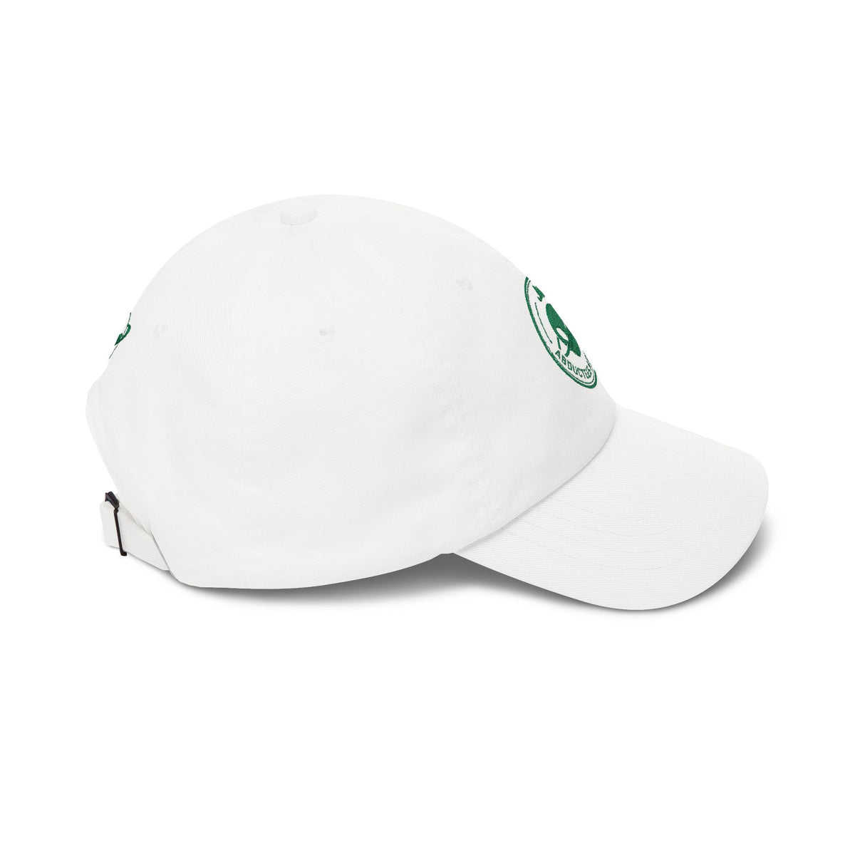 Abductees Apparel Dad Cap – Vintage Green Space Emblem Baseball Hat-Hugh Mann on right side of hat