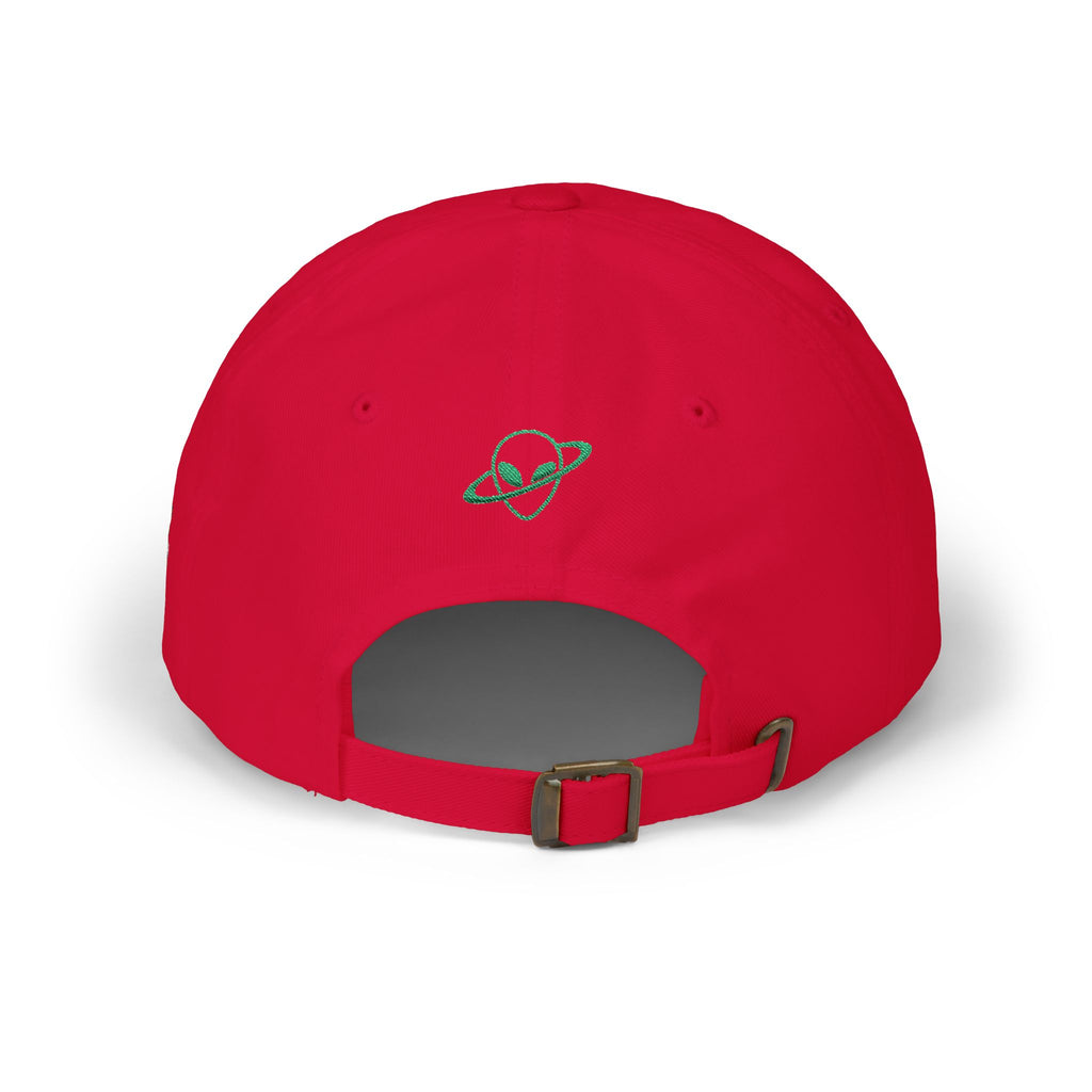Abductees Apparel Dad Cap – Vintage Green Space Emblem Baseball Hat-Hugh Mann on right side of hat
