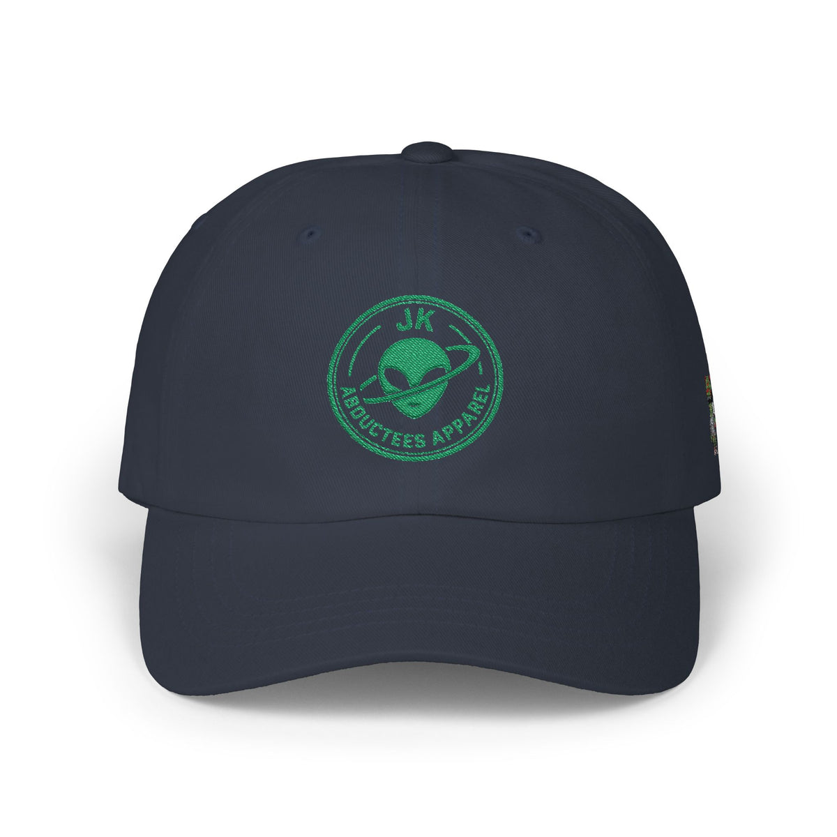 Abductees Apparel Dad Cap – Vintage Green Space Emblem Baseball Hat-Hugh Mann on right side of hat