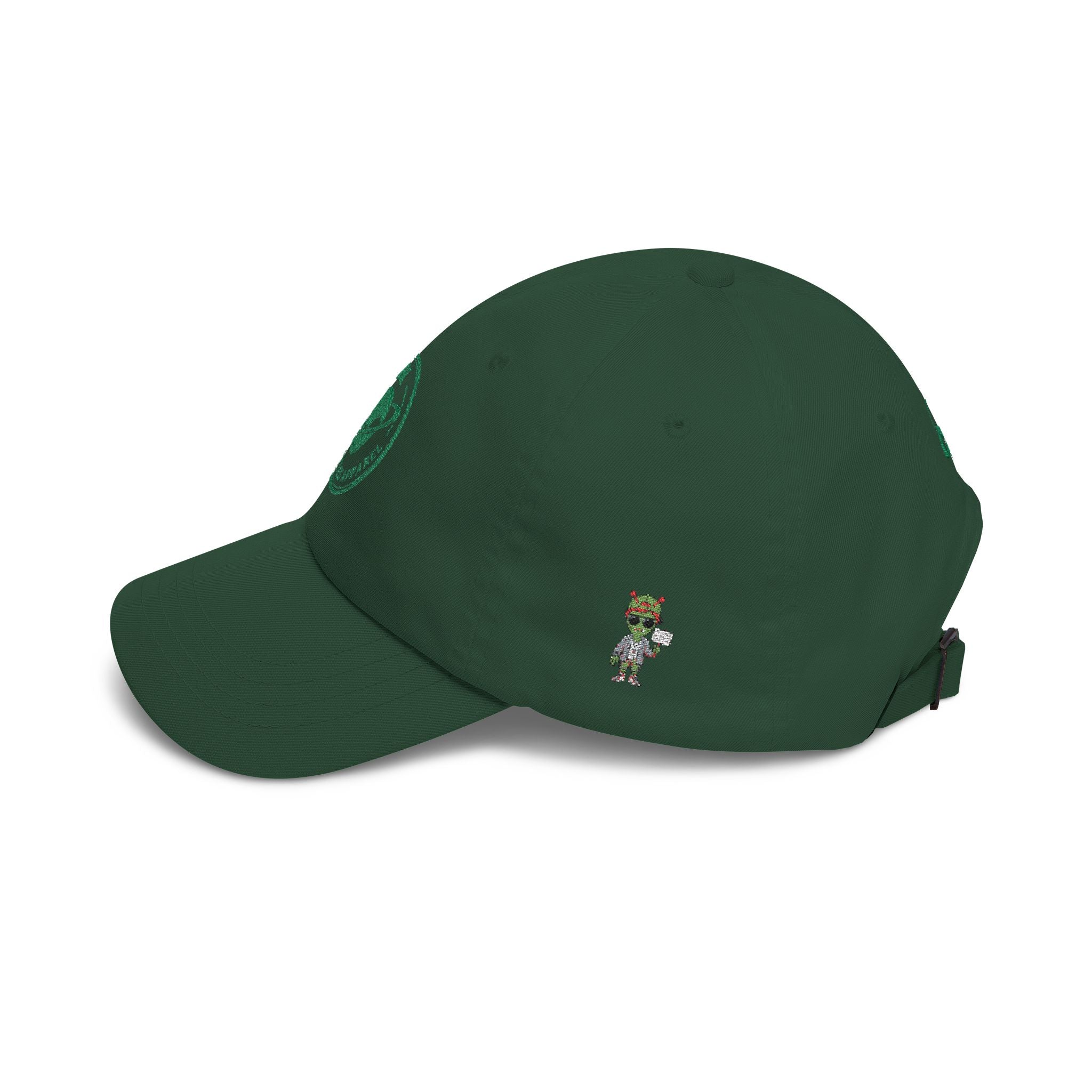 Abductees Apparel Dad Cap – Vintage Green Space Emblem Baseball Hat-Hugh Mann on right side of hat