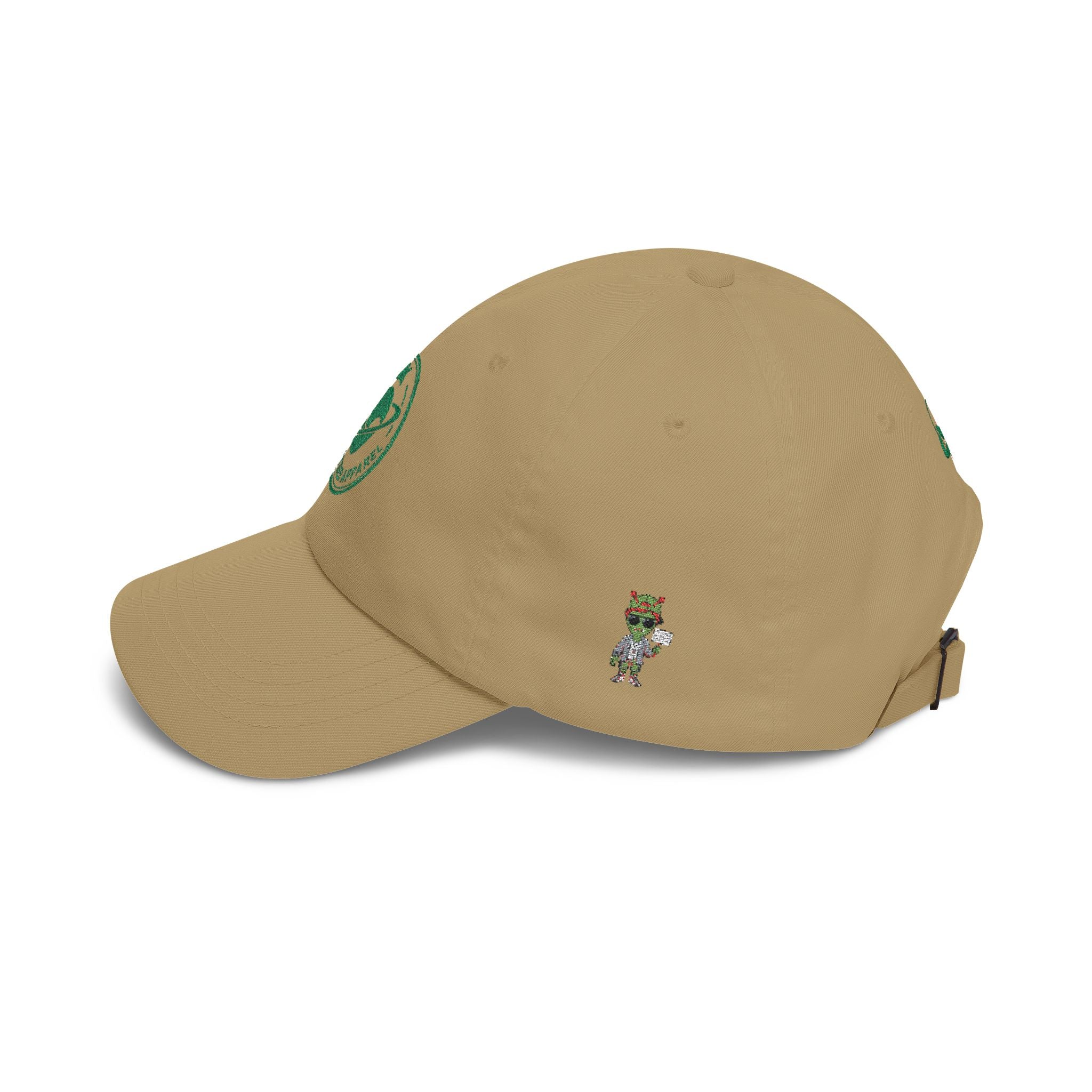 Abductees Apparel Dad Cap – Vintage Green Space Emblem Baseball Hat-Hugh Mann on right side of hat