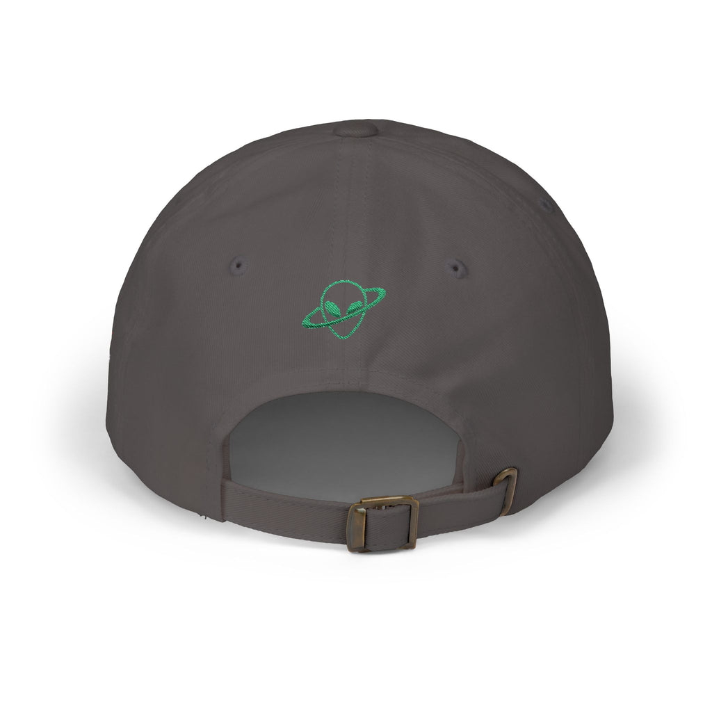 Abductees Apparel Dad Cap – Vintage Green Space Emblem Baseball Hat-Hugh Mann on right side of hat