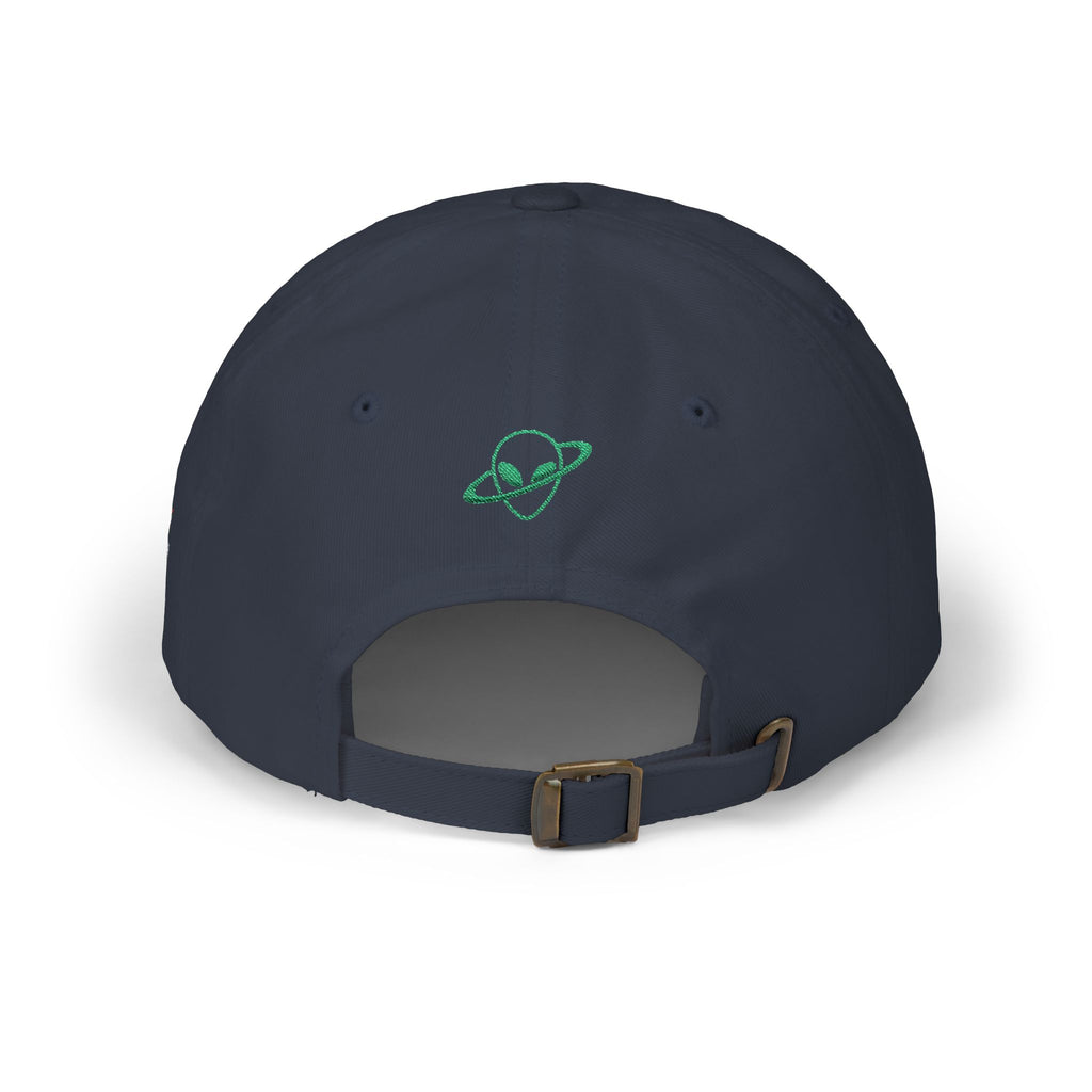 Abductees Apparel Dad Cap – Vintage Green Space Emblem Baseball Hat-Hugh Mann on right side of hat