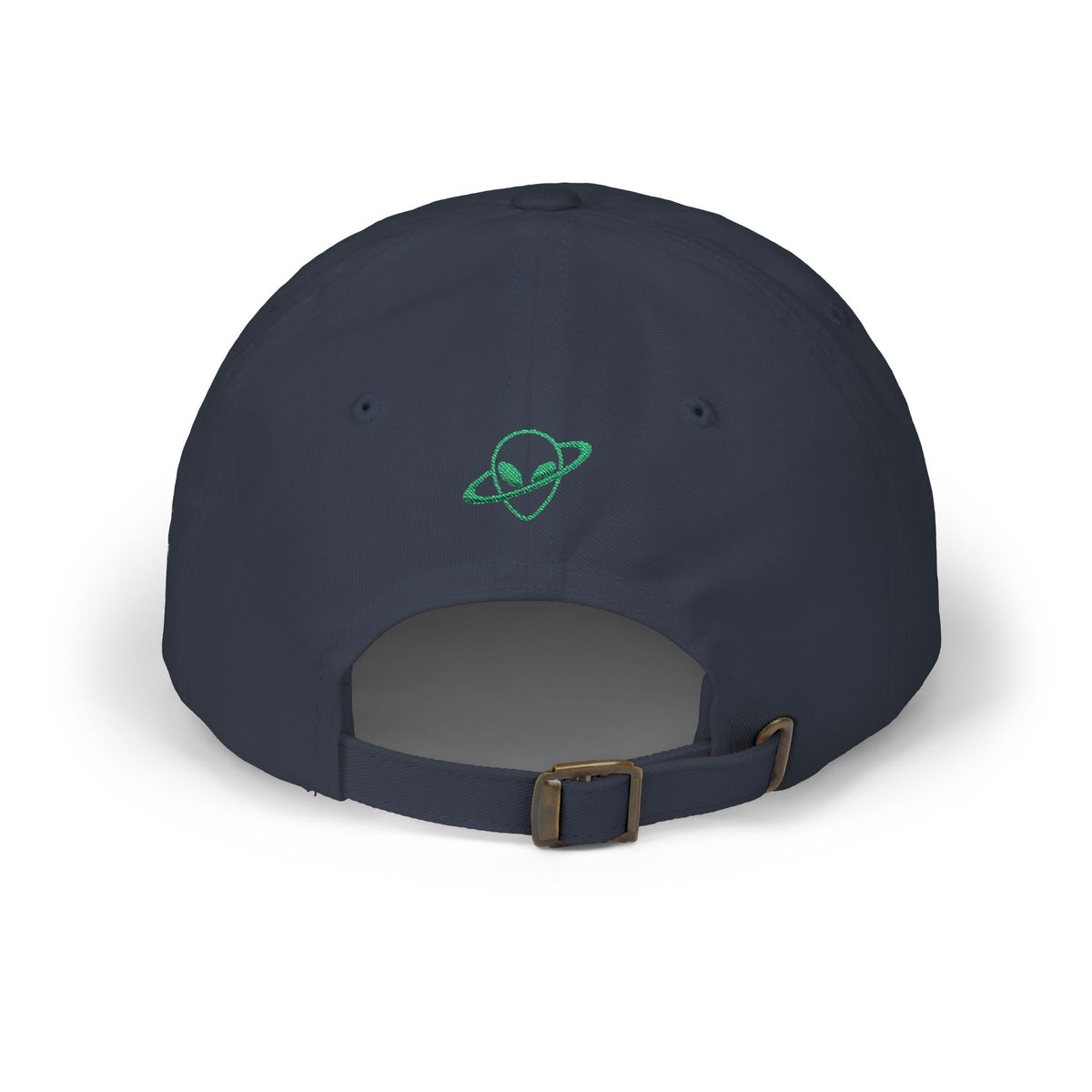 Abductees Apparel Dad Cap – Vintage Green Space Emblem Baseball Hat-Hugh Mann on right side of hat