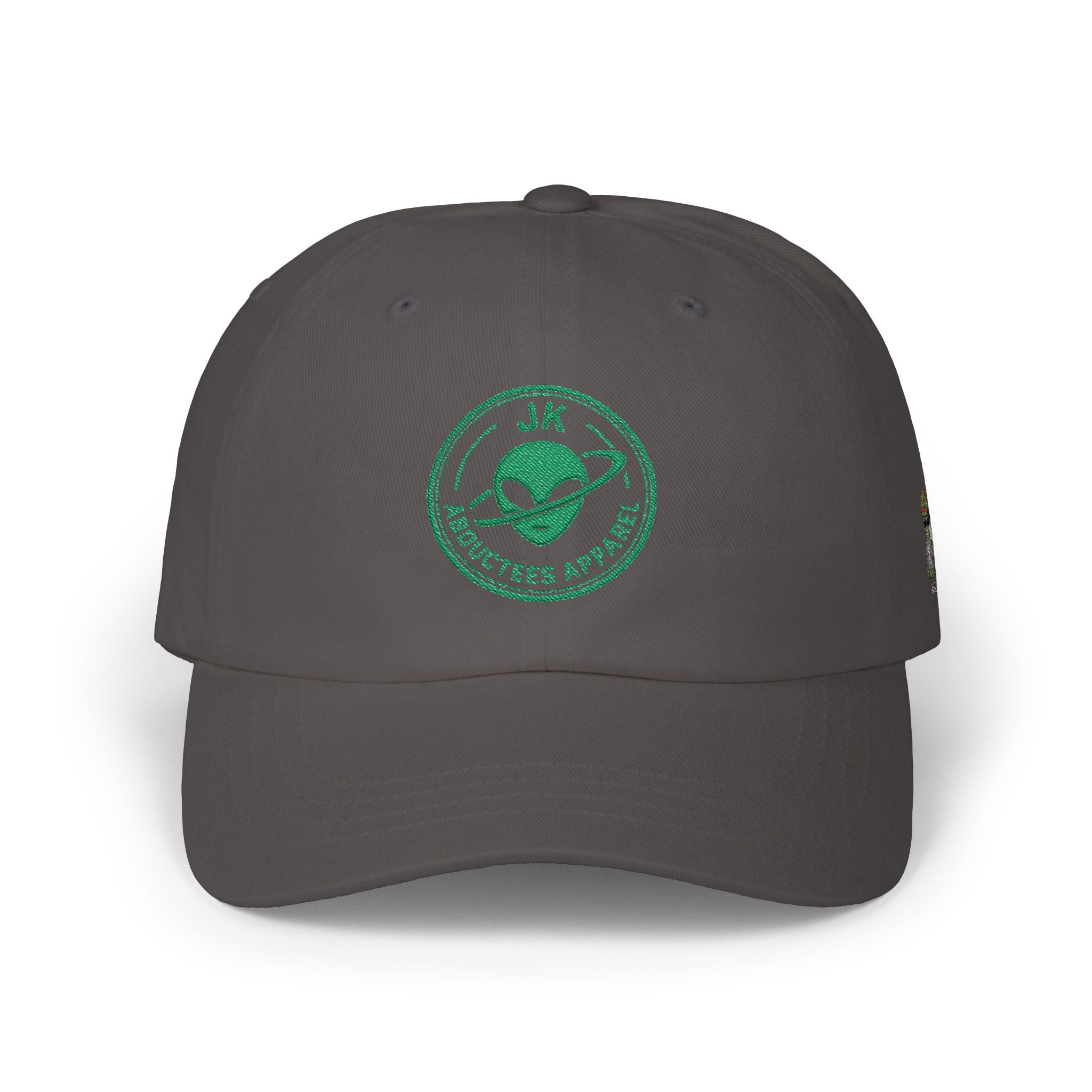 Abductees Apparel Dad Cap – Vintage Green Space Emblem Baseball Hat-Hugh Mann on right side of hat