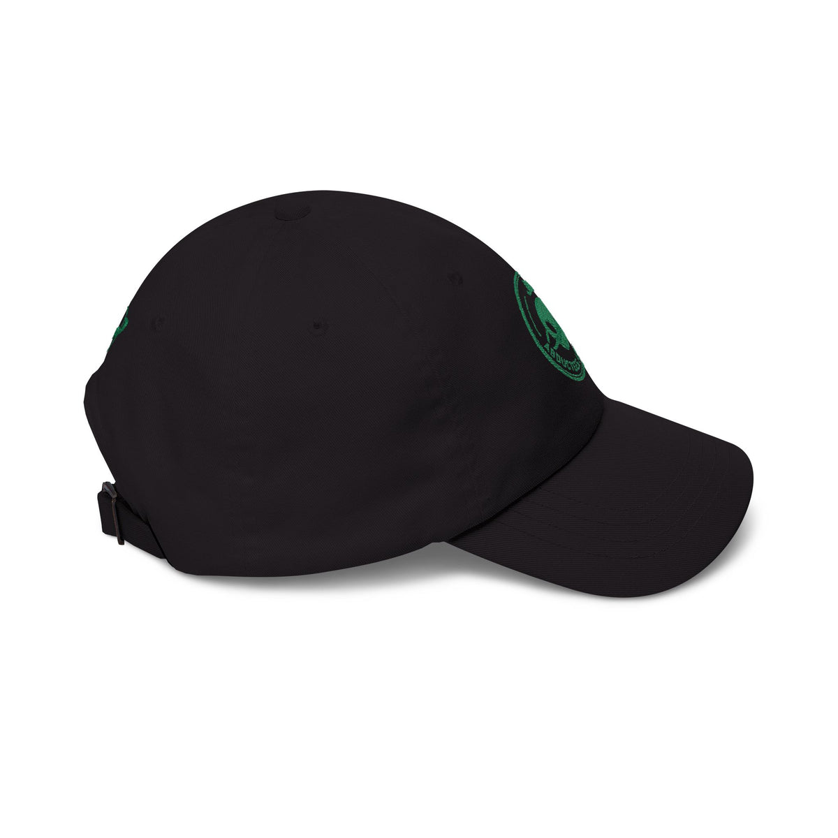 Abductees Apparel Dad Cap – Vintage Green Space Emblem Baseball Hat-Hugh Mann on right side of hat