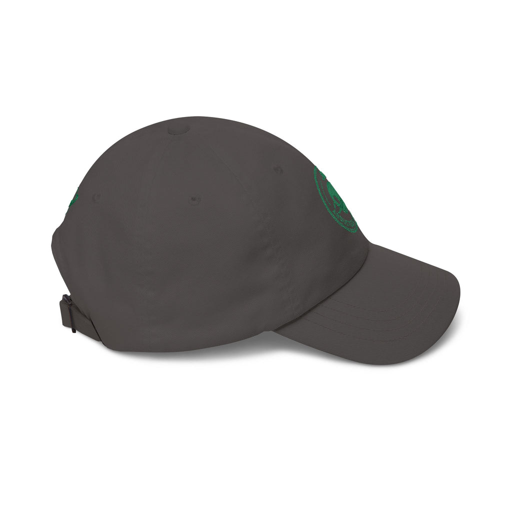 Abductees Apparel Dad Cap – Vintage Green Space Emblem Baseball Hat-Hugh Mann on right side of hat