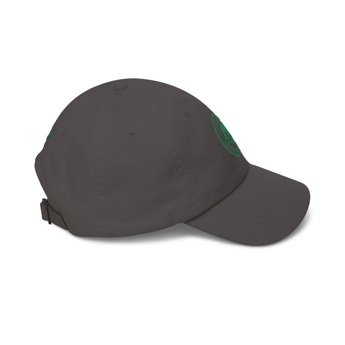 Abductees Apparel Dad Cap – Vintage Green Space Emblem Baseball Hat-Hugh Mann on right side of hat