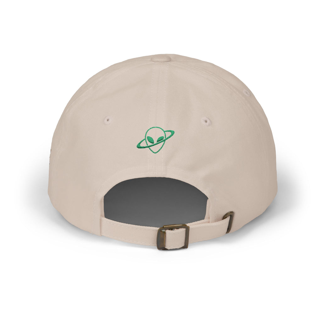 Abductees Apparel Dad Cap – Vintage Green Space Emblem Baseball Hat-Hugh Mann on right side of hat
