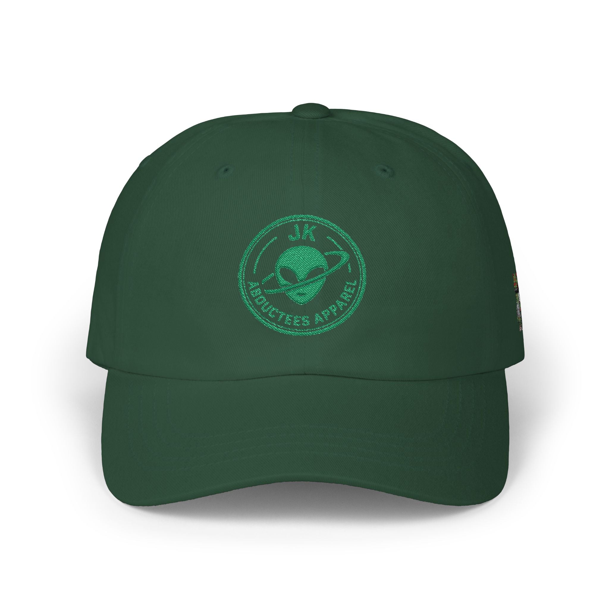 Abductees Apparel Dad Cap – Vintage Green Space Emblem Baseball Hat-Hugh Mann on right side of hat