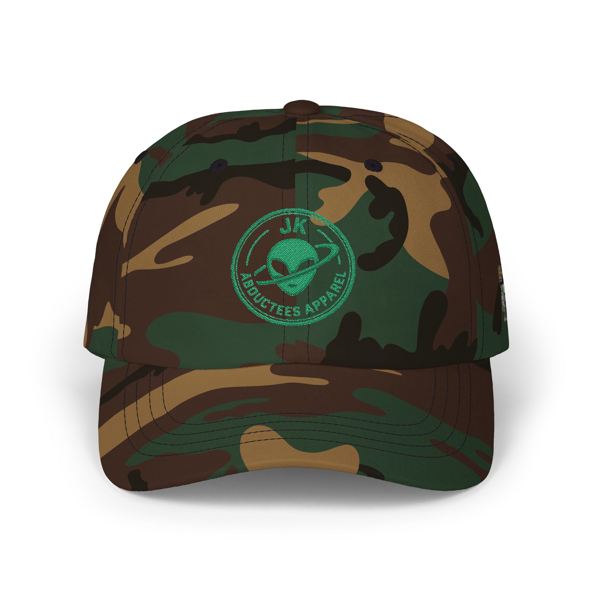 Abductees Apparel Dad Cap – Vintage Green Space Emblem Baseball Hat-Hugh Mann on right side of hat