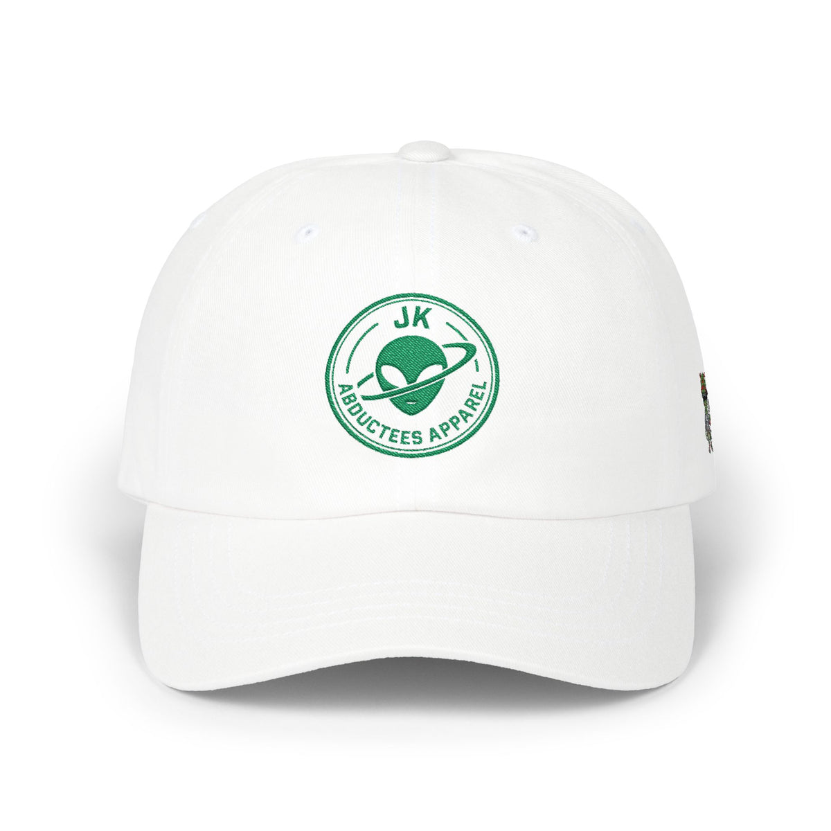 Abductees Apparel Dad Cap – Vintage Green Space Emblem Baseball Hat-Hugh Mann on right side of hat