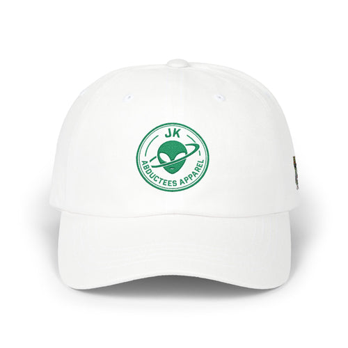 Abductees Apparel Dad Cap – Vintage Green Space Emblem Baseball Hat-Hugh Mann on right side of hat