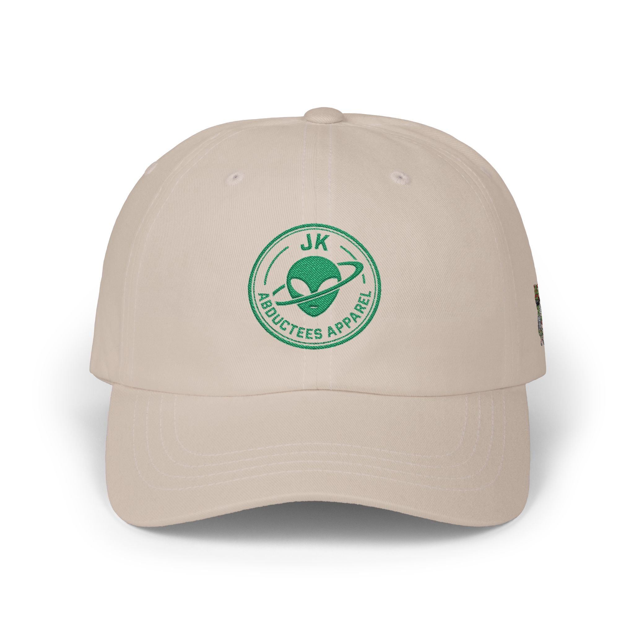 Abductees Apparel Dad Cap – Vintage Green Space Emblem Baseball Hat-Hugh Mann on right side of hat