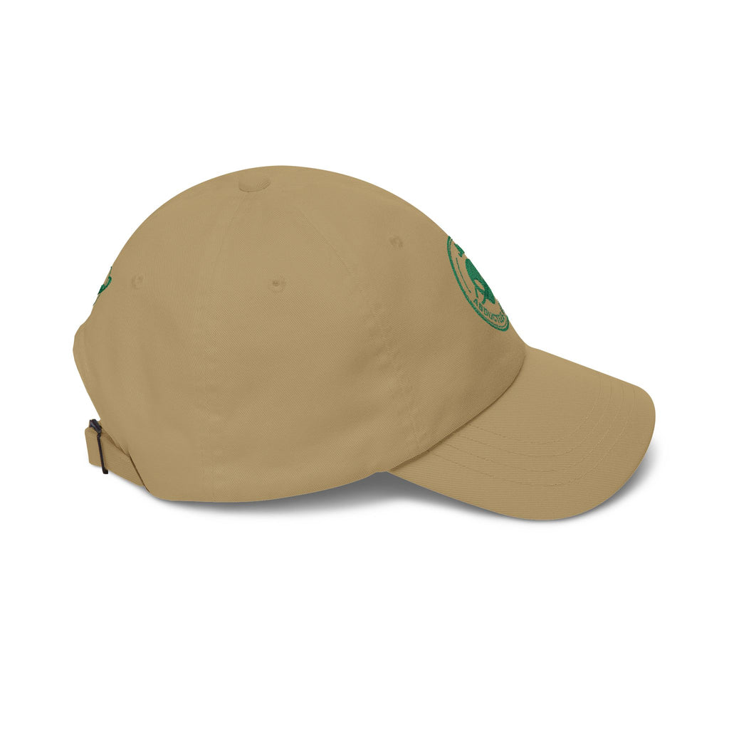 Abductees Apparel Dad Cap – Vintage Green Space Emblem Baseball Hat-Hugh Mann on right side of hat