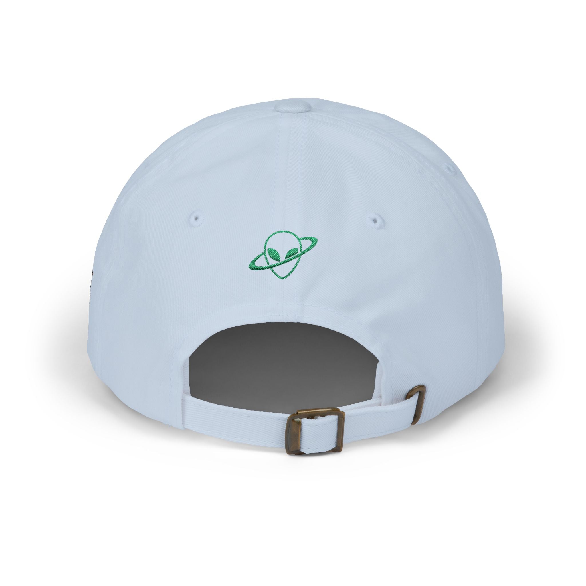 Abductees Apparel Dad Cap – Vintage Green Space Emblem Baseball Hat-Hugh Mann on right side of hat