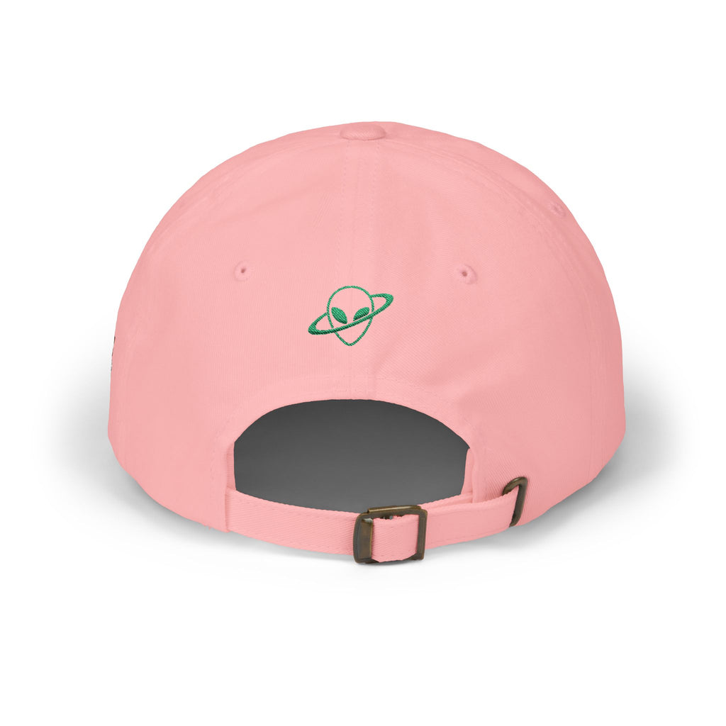 Abductees Apparel Dad Cap – Vintage Green Space Emblem Baseball Hat-Hugh Mann on right side of hat