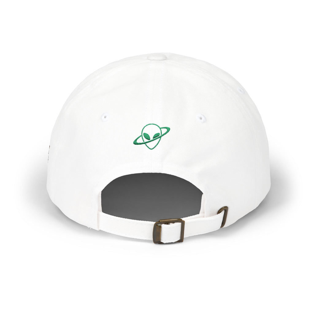 Abductees Apparel Dad Cap – Vintage Green Space Emblem Baseball Hat-Hugh Mann on right side of hat