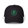 Abductees Apparel Dad Cap – Vintage Green Space Emblem Baseball Hat-Hugh Mann on right side of hat