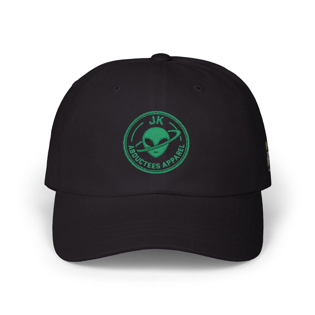 Abductees Apparel Dad Cap – Vintage Green Space Emblem Baseball Hat-Hugh Mann on right side of hat