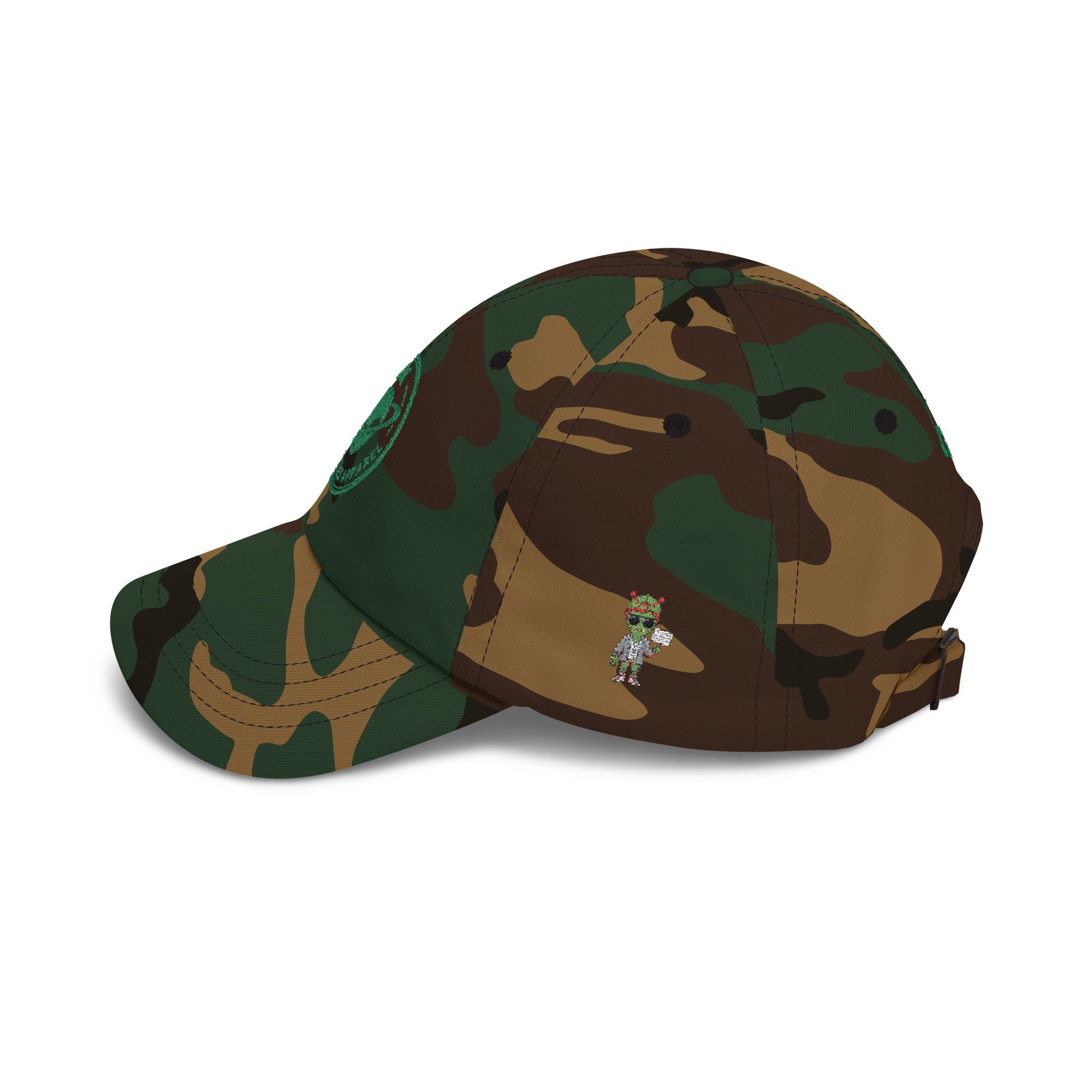 Abductees Apparel Dad Cap – Vintage Green Space Emblem Baseball Hat-Hugh Mann on right side of hat