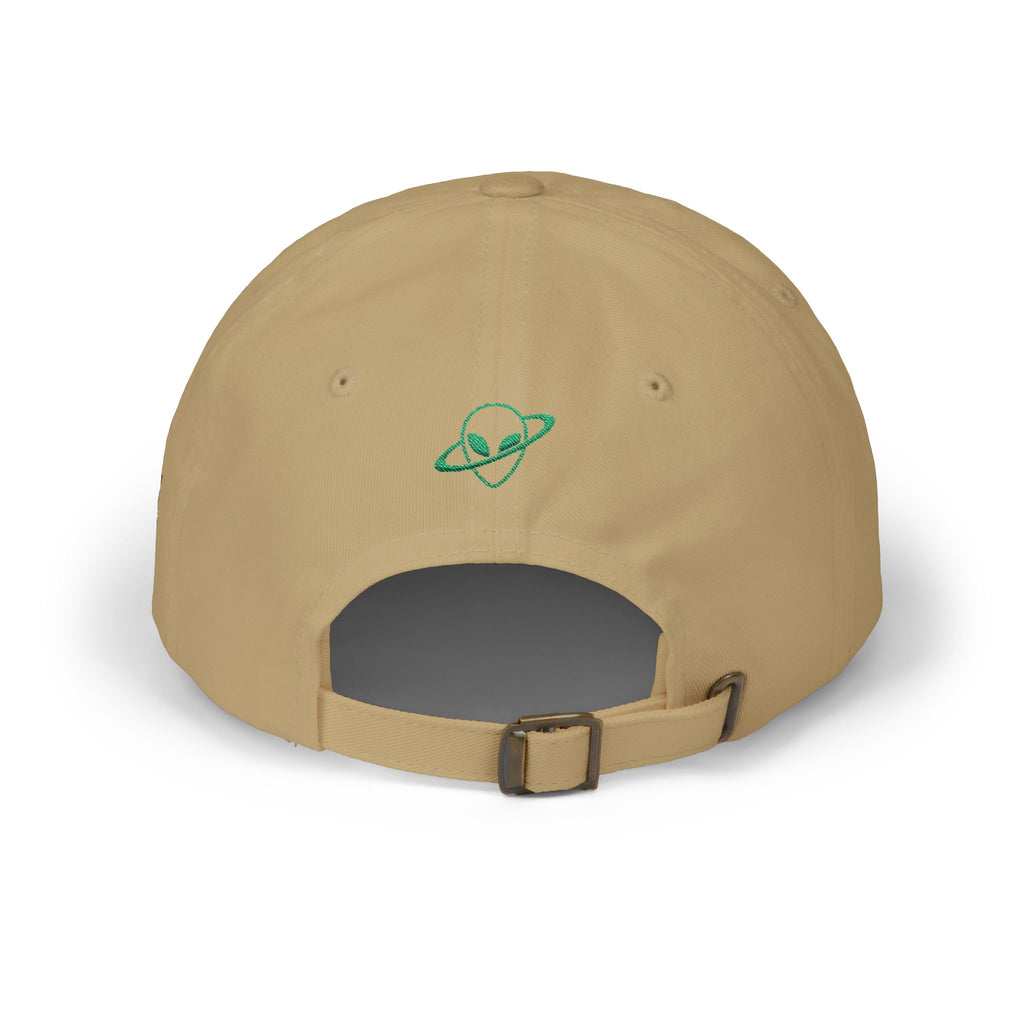 Abductees Apparel Dad Cap – Vintage Green Space Emblem Baseball Hat-Hugh Mann on right side of hat