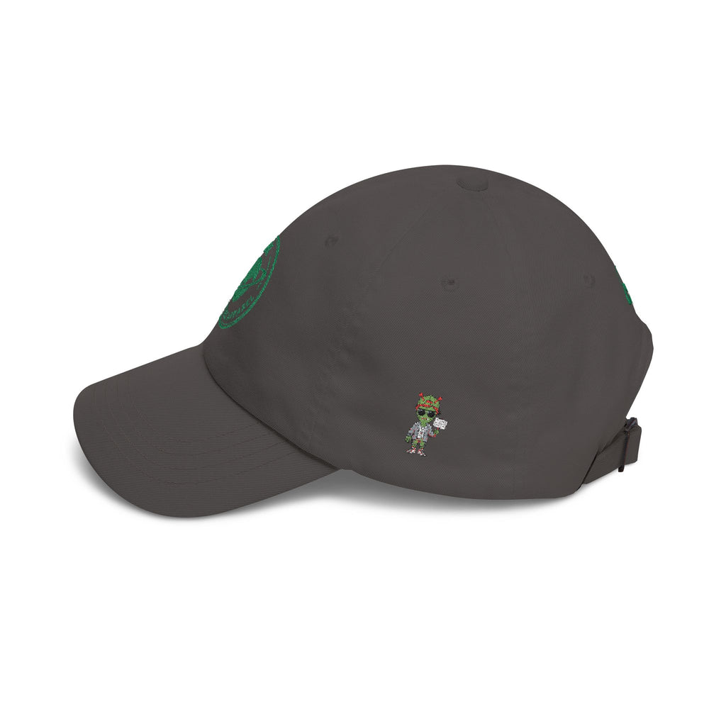 Abductees Apparel Dad Cap – Vintage Green Space Emblem Baseball Hat-Hugh Mann on right side of hat
