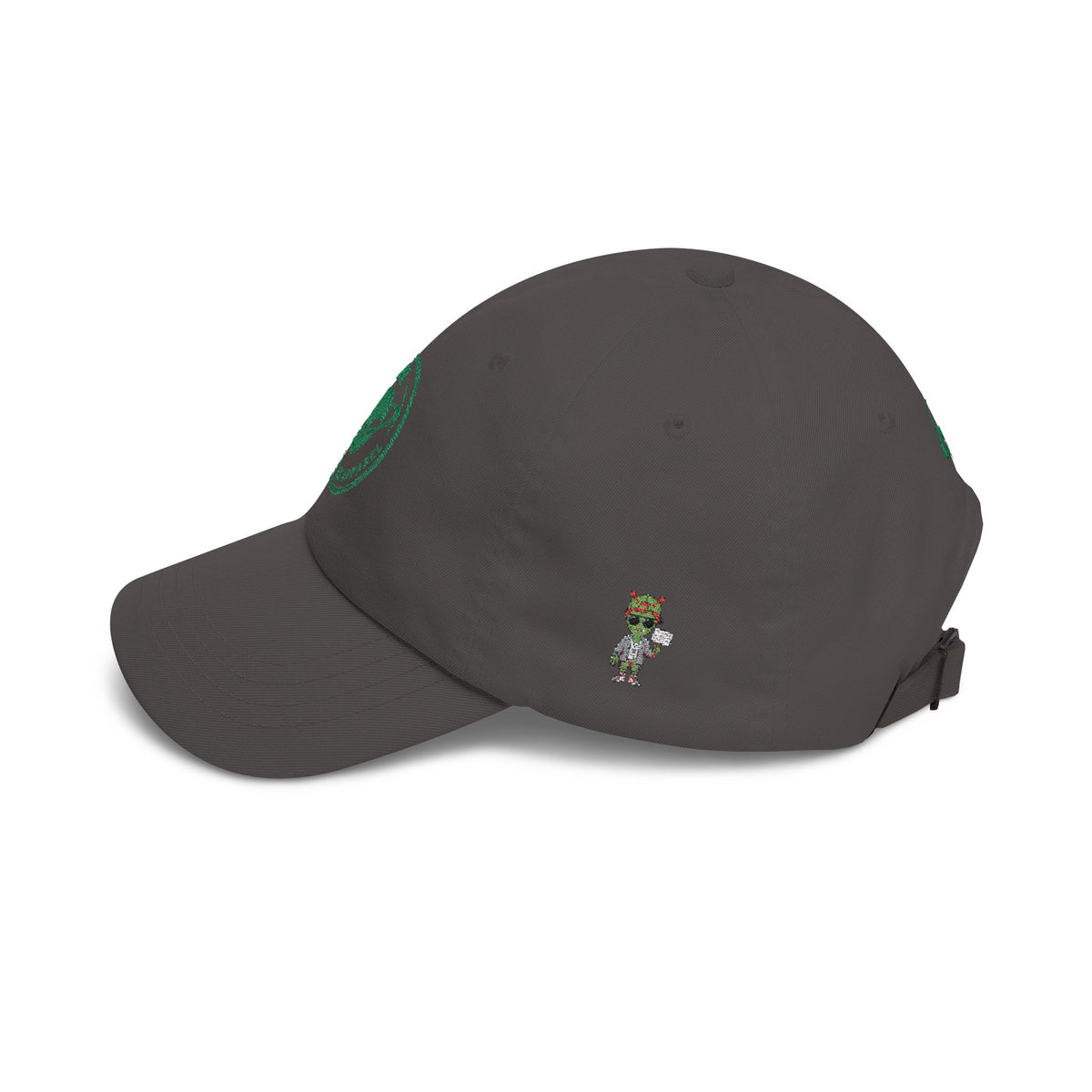 Abductees Apparel Dad Cap – Vintage Green Space Emblem Baseball Hat-Hugh Mann on right side of hat