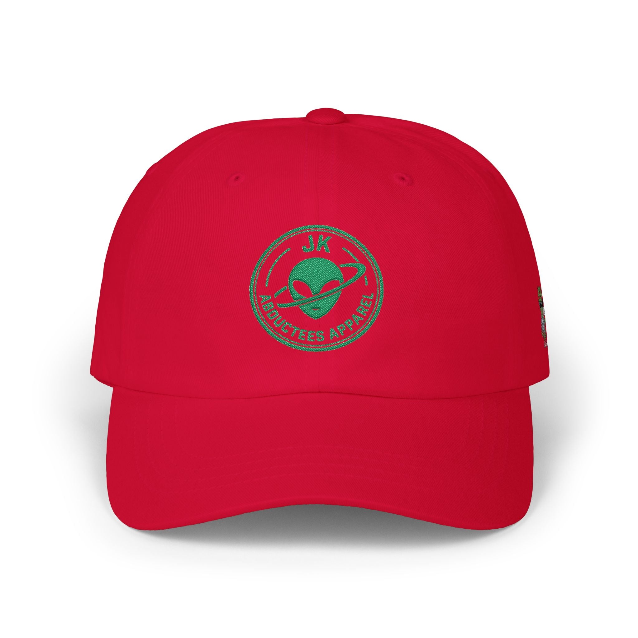 Abductees Apparel Dad Cap – Vintage Green Space Emblem Baseball Hat-Hugh Mann on right side of hat