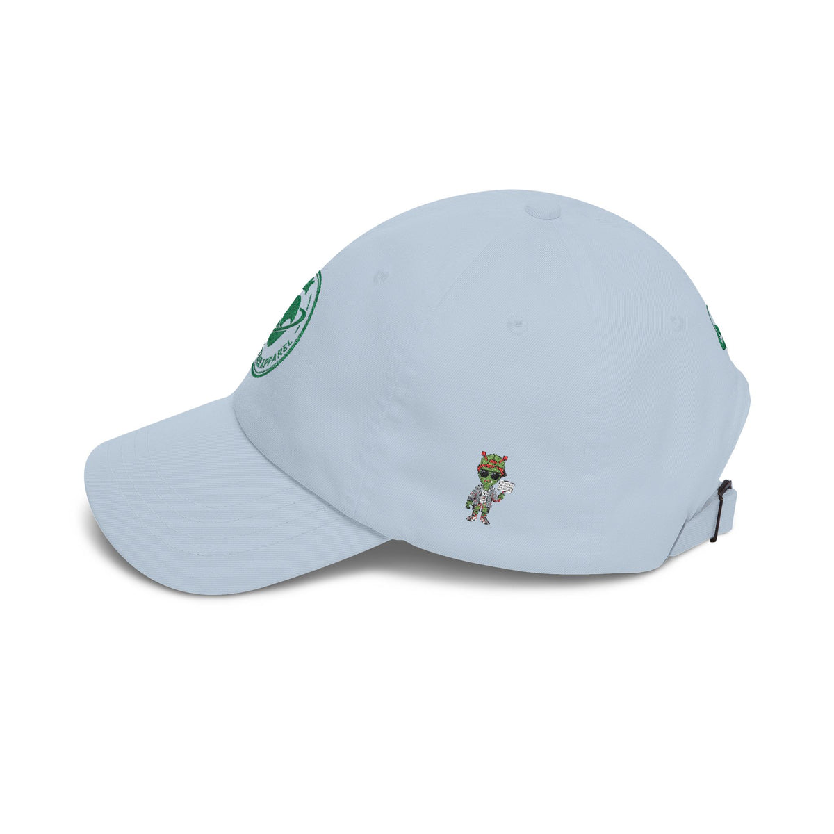 Abductees Apparel Dad Cap – Vintage Green Space Emblem Baseball Hat-Hugh Mann on right side of hat