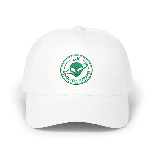Abductees Apparel Dad Cap – Vintage Green Space Emblem Baseball Hat-Hugh Mann on right side of hat