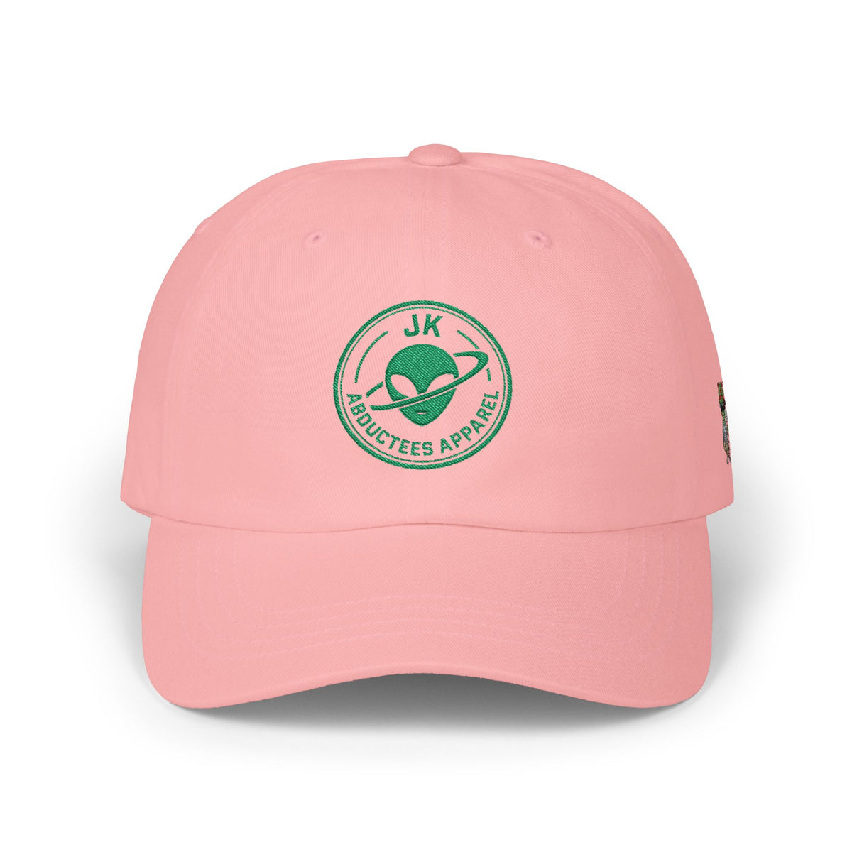 Abductees Apparel Dad Cap – Vintage Green Space Emblem Baseball Hat-Hugh Mann on right side of hat