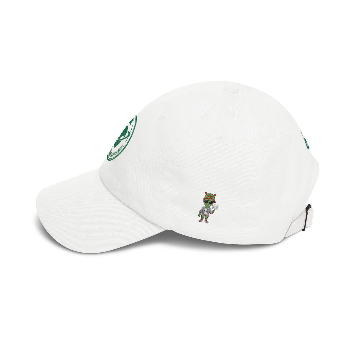Abductees Apparel Dad Cap – Vintage Green Space Emblem Baseball Hat-Hugh Mann on right side of hat