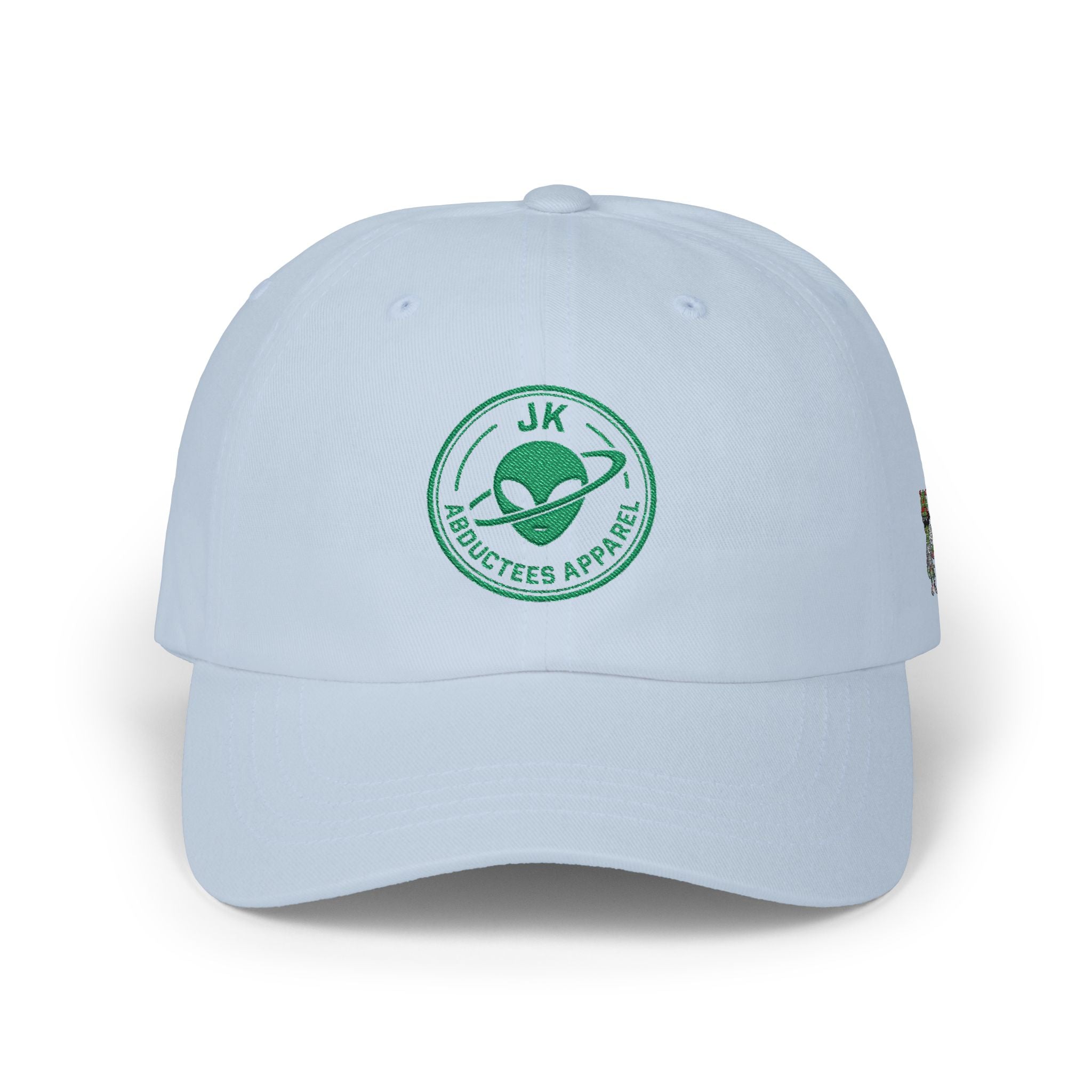 Abductees Apparel Dad Cap – Vintage Green Space Emblem Baseball Hat-Hugh Mann on right side of hat