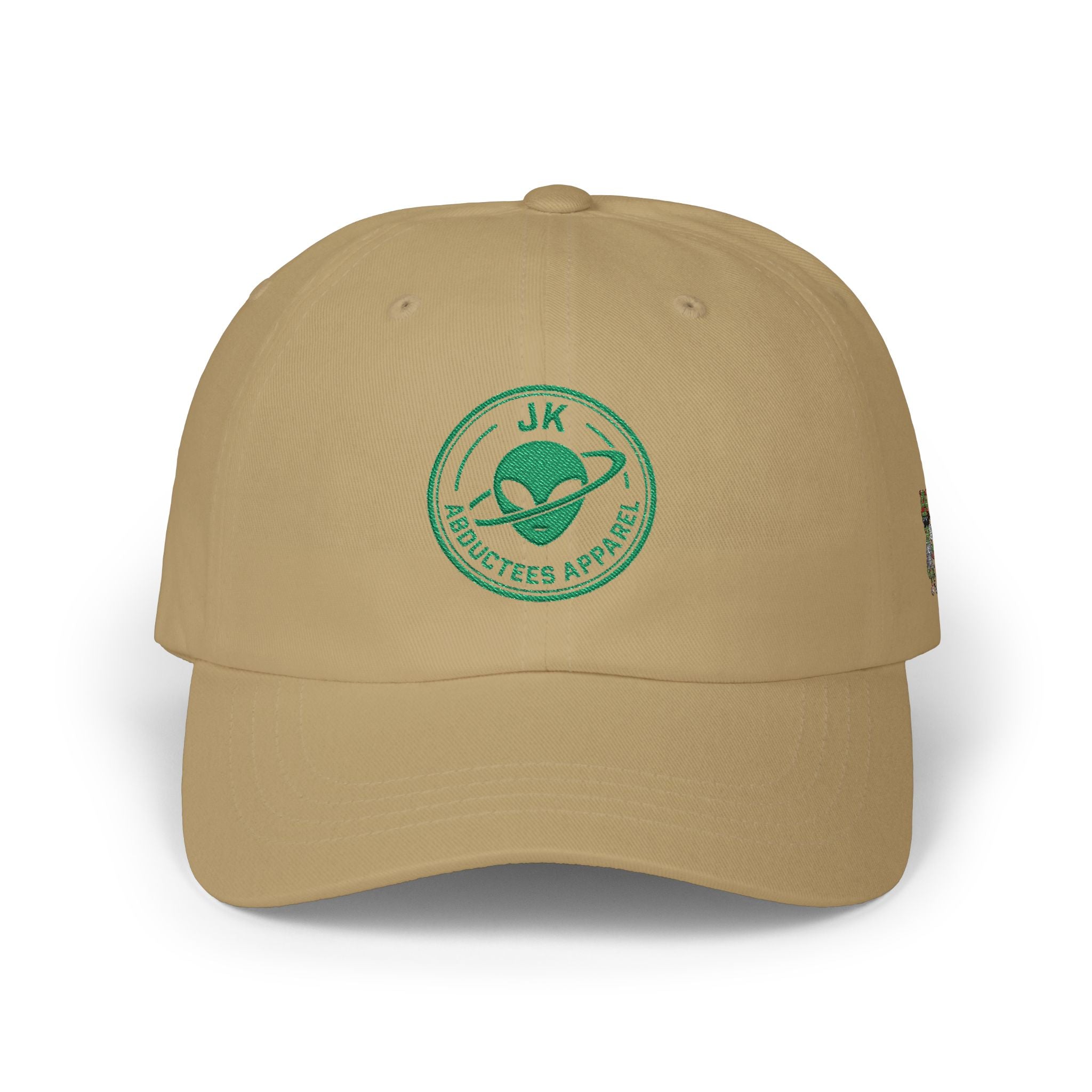 Abductees Apparel Dad Cap – Vintage Green Space Emblem Baseball Hat-Hugh Mann on right side of hat
