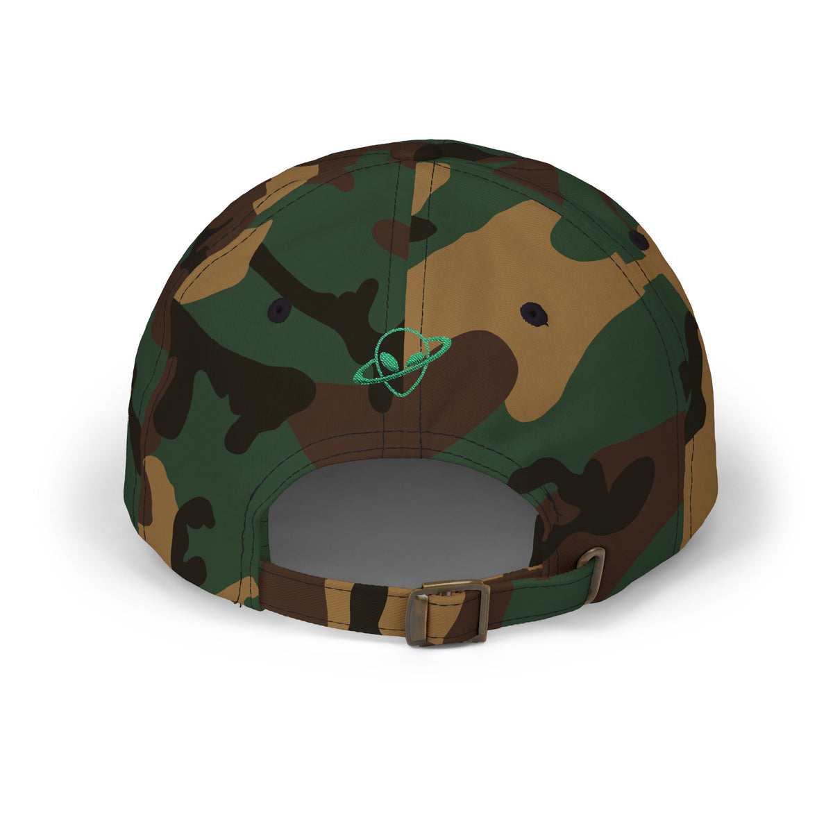 Abductees Apparel Dad Cap – Vintage Green Space Emblem Baseball Hat-Hugh Mann on right side of hat