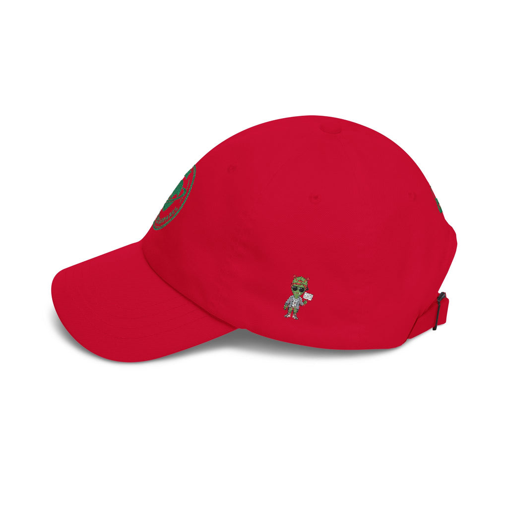 Abductees Apparel Dad Cap – Vintage Green Space Emblem Baseball Hat-Hugh Mann on right side of hat