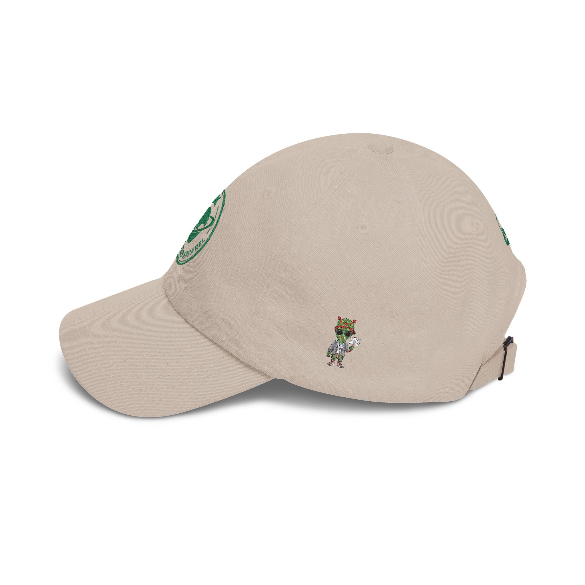Abductees Apparel Dad Cap – Vintage Green Space Emblem Baseball Hat-Hugh Mann on right side of hat