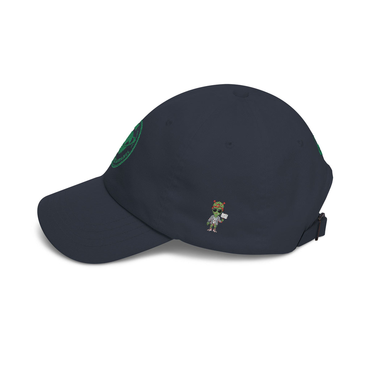 Abductees Apparel Dad Cap – Vintage Green Space Emblem Baseball Hat-Hugh Mann on right side of hat