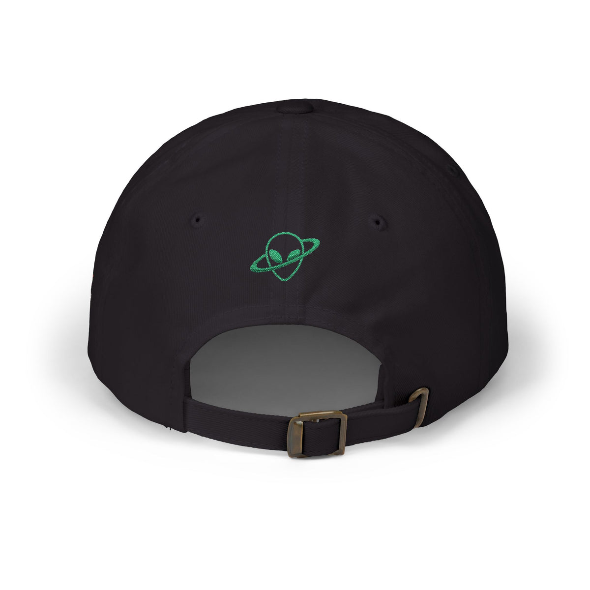 Abductees Apparel Dad Cap – Vintage Green Space Emblem Baseball Hat-Hugh Mann on right side of hat