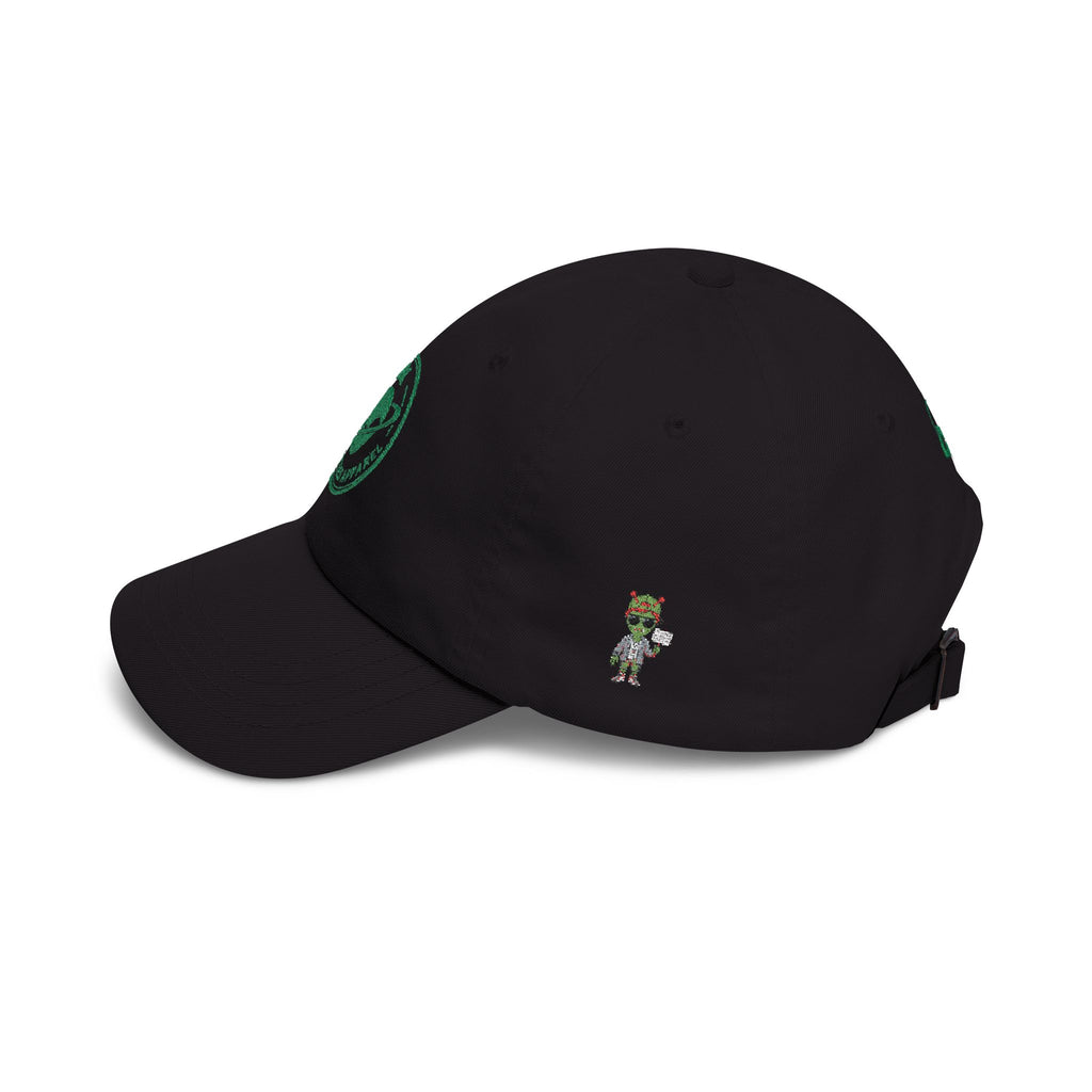 Abductees Apparel Dad Cap – Vintage Green Space Emblem Baseball Hat-Hugh Mann on right side of hat