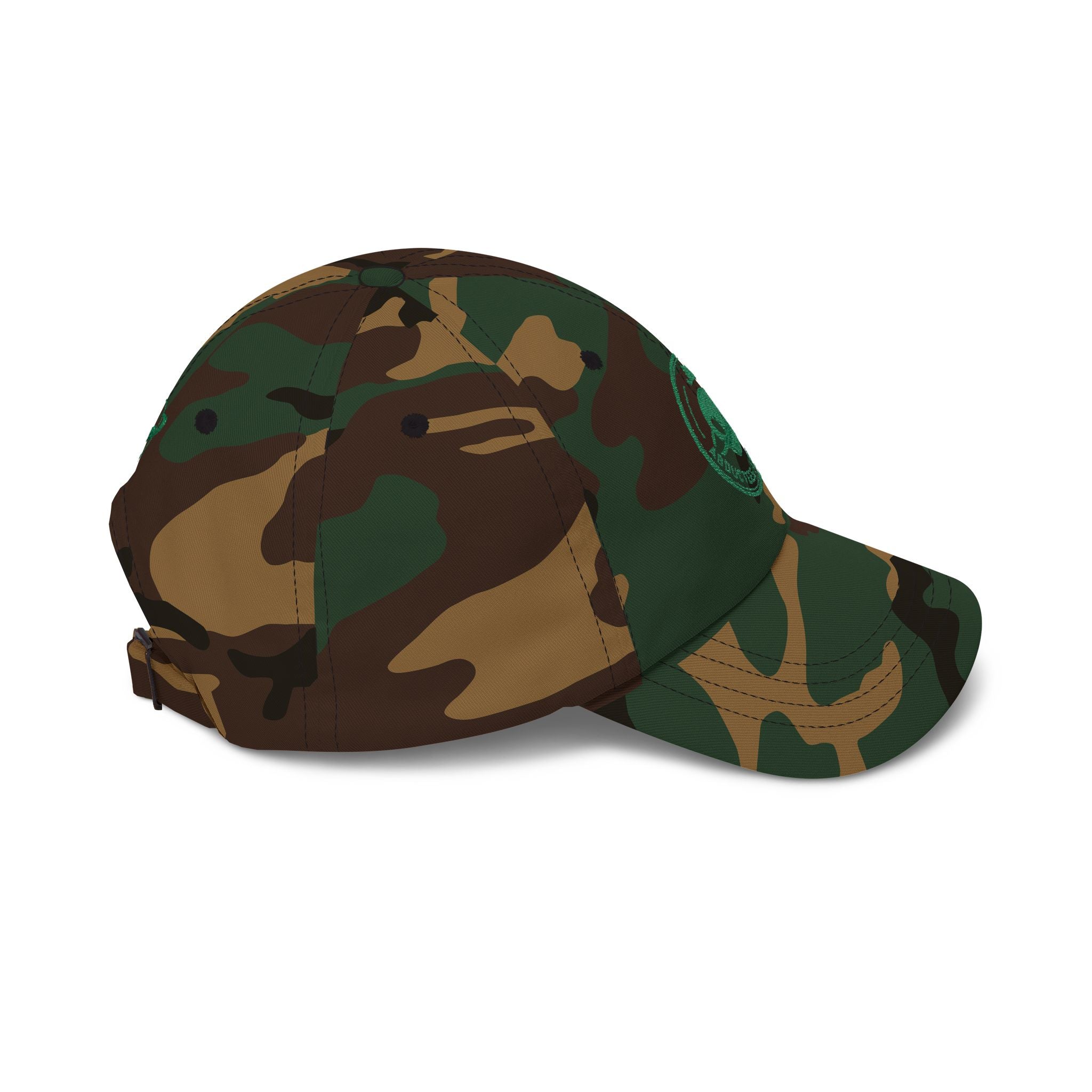 Abductees Apparel Dad Cap – Vintage Green Space Emblem Baseball Hat-Hugh Mann on right side of hat