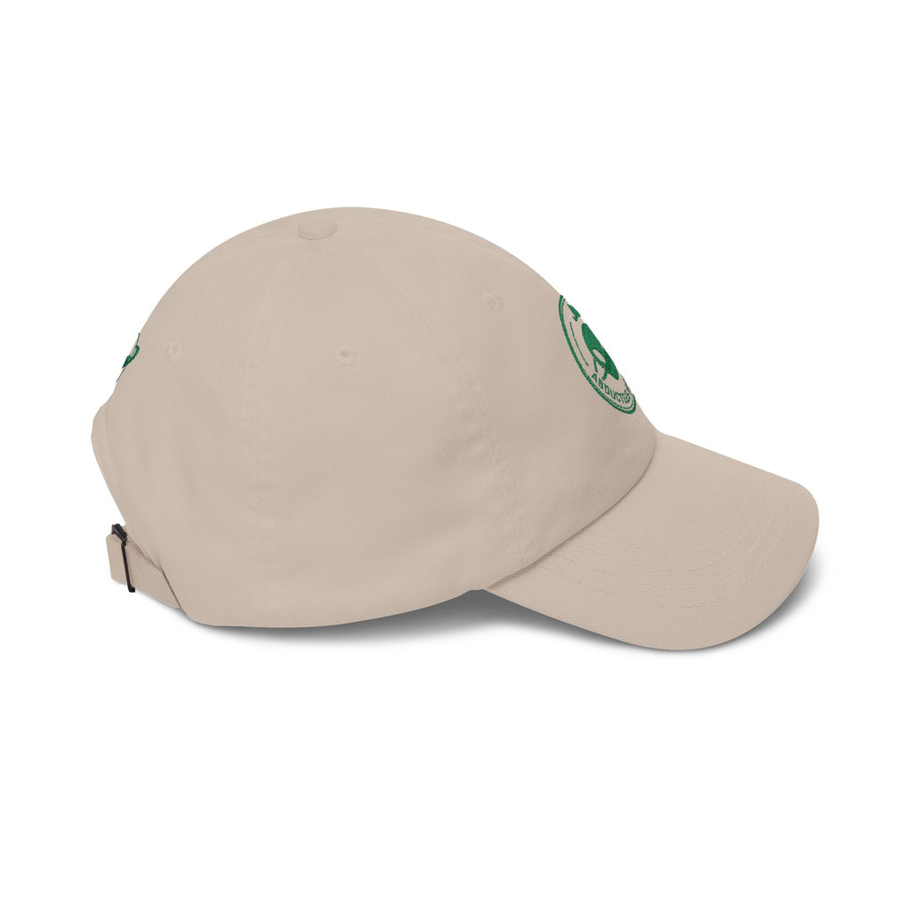 Abductees Apparel Dad Cap – Vintage Green Space Emblem Baseball Hat-Hugh Mann on right side of hat