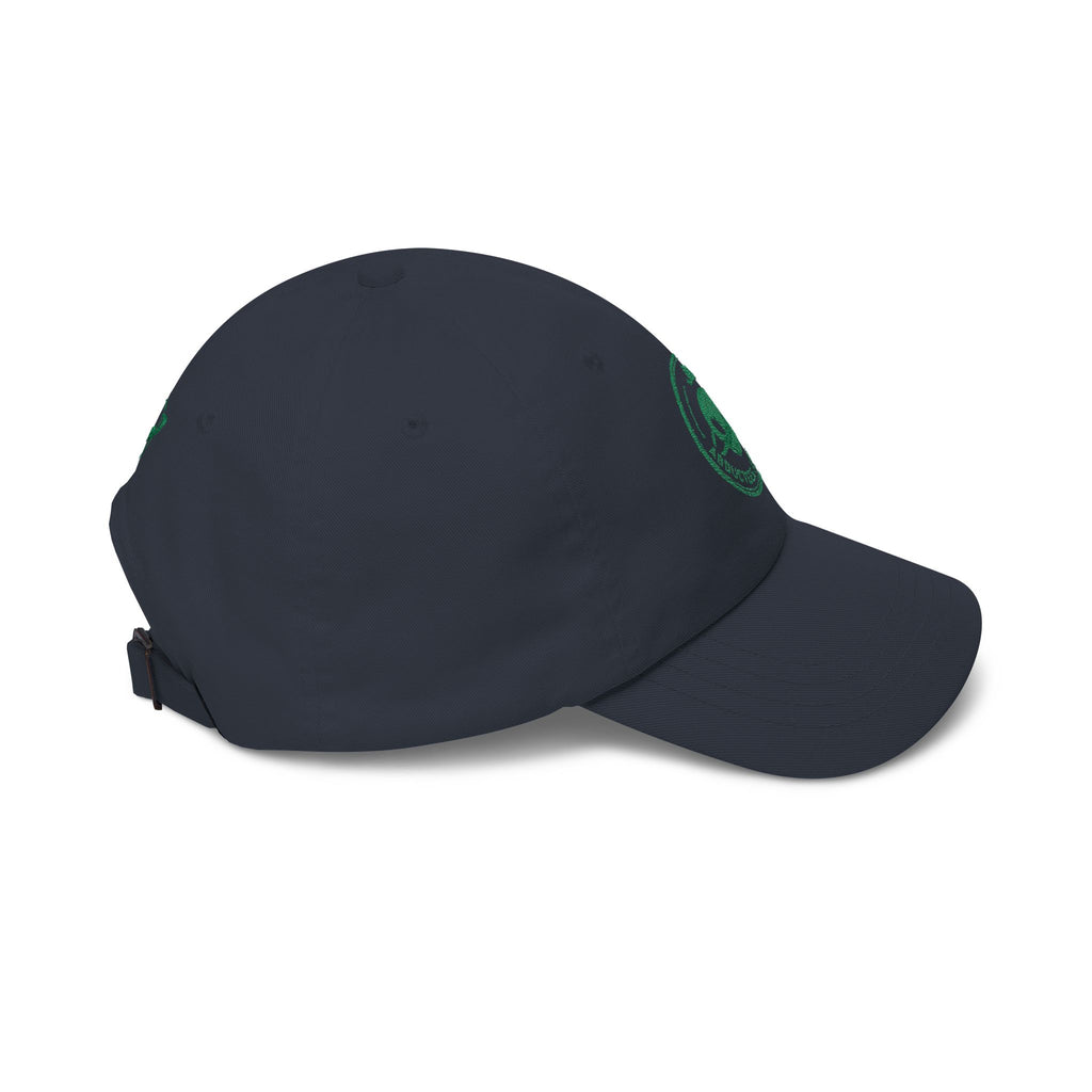 Abductees Apparel Dad Cap – Vintage Green Space Emblem Baseball Hat-Hugh Mann on right side of hat