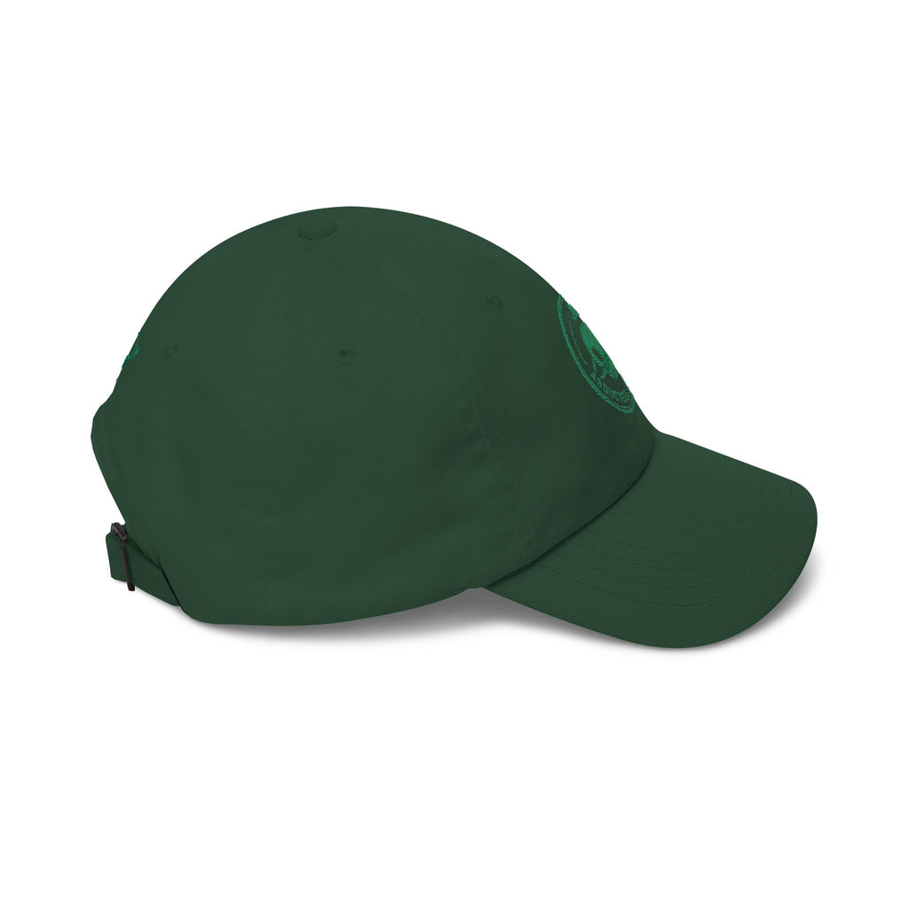 Abductees Apparel Dad Cap – Vintage Green Space Emblem Baseball Hat-Hugh Mann on right side of hat