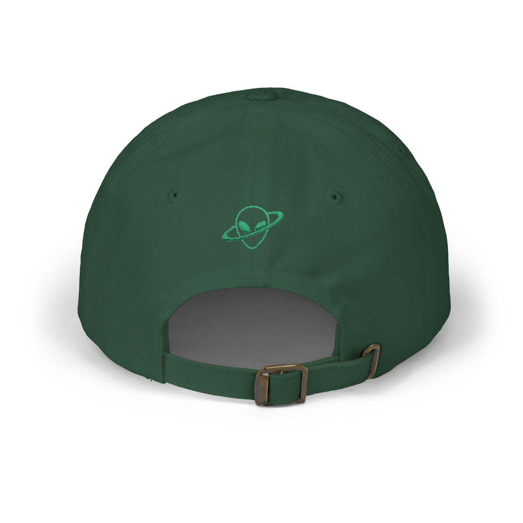 Abductees Apparel Dad Cap – Vintage Green Space Emblem Baseball Hat-Hugh Mann on right side of hat
