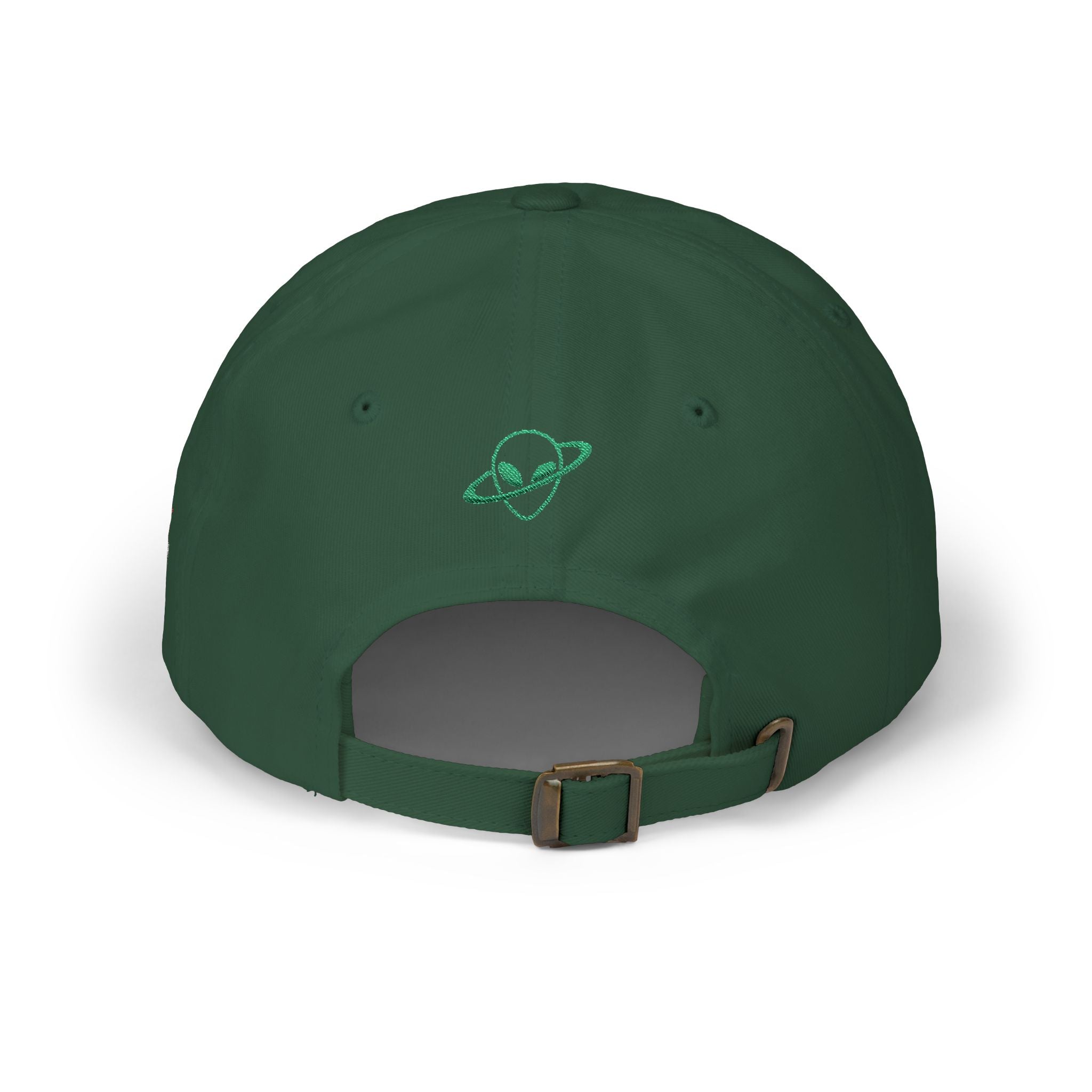 Abductees Apparel Dad Cap – Vintage Green Space Emblem Baseball Hat-Hugh Mann on right side of hat